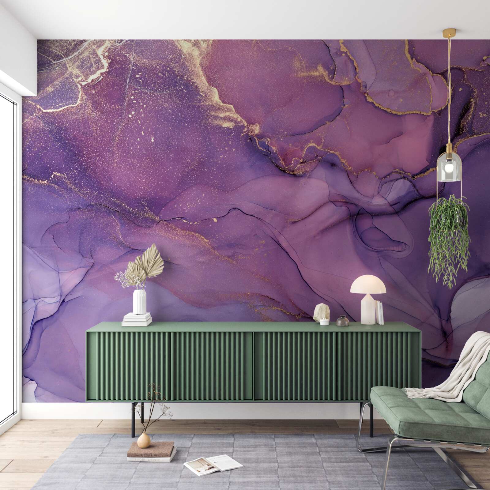 Fotobehang lila marmeren achtergrond met gouden elementen