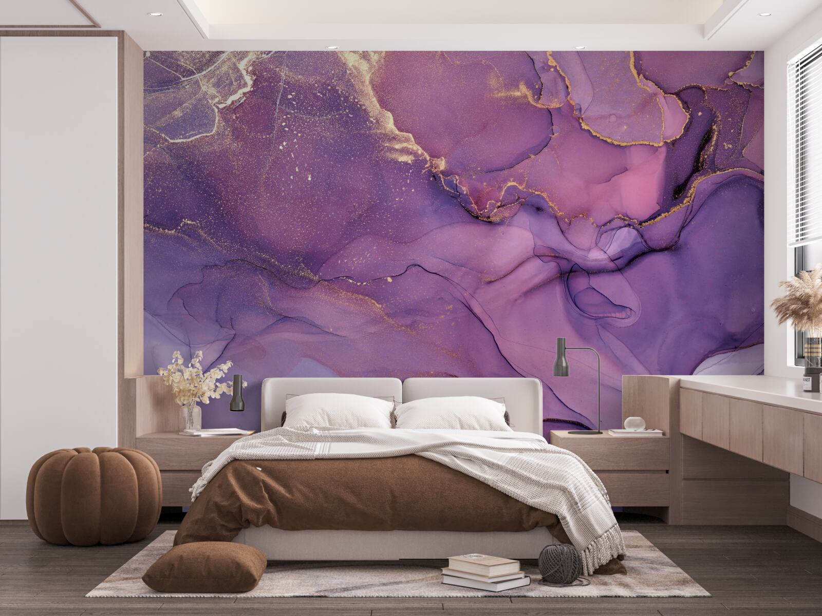 Fotobehang lila marmeren achtergrond met gouden elementen