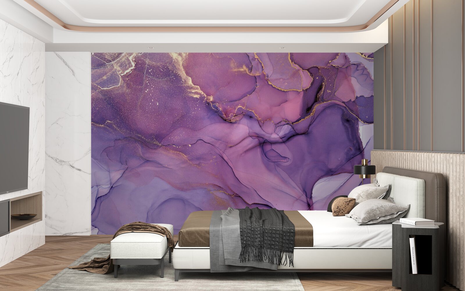 Fotobehang lila marmeren achtergrond met gouden elementen