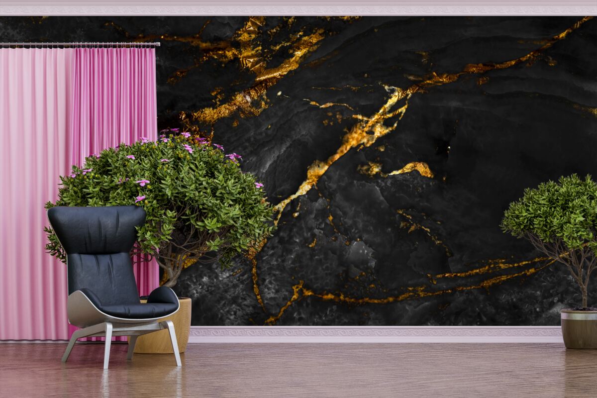 Fotobehang zwart marmer met goud dooraderd