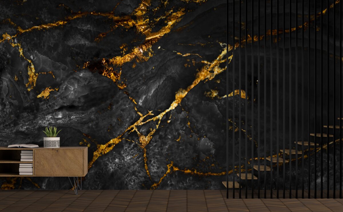 Fotobehang zwart marmer met goud dooraderd