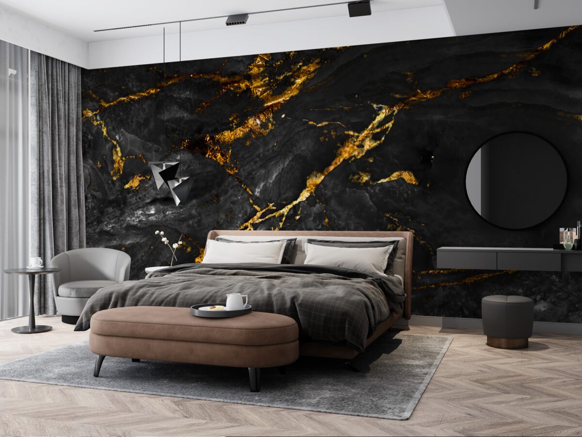 Fotobehang zwart marmer met goud dooraderd