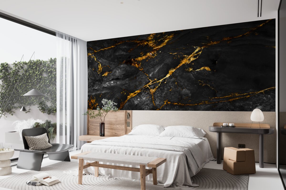 Fotobehang zwart marmer met goud dooraderd
