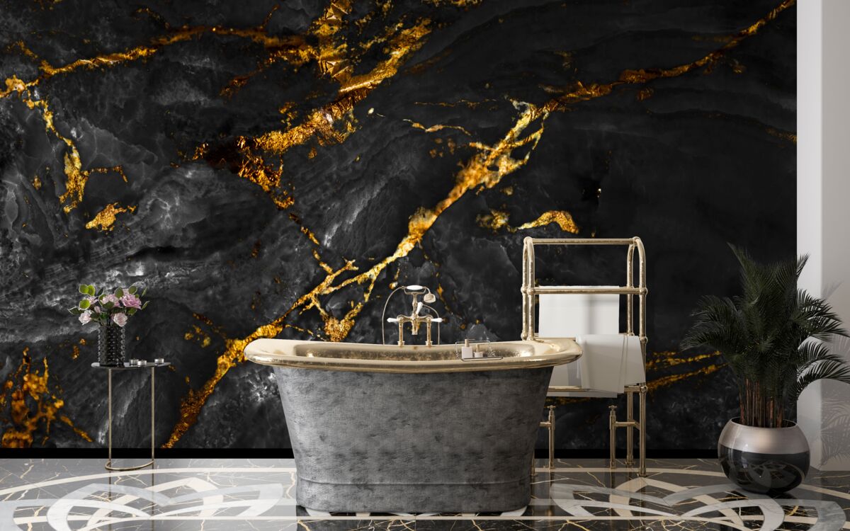 Fotobehang zwart marmer met goud dooraderd