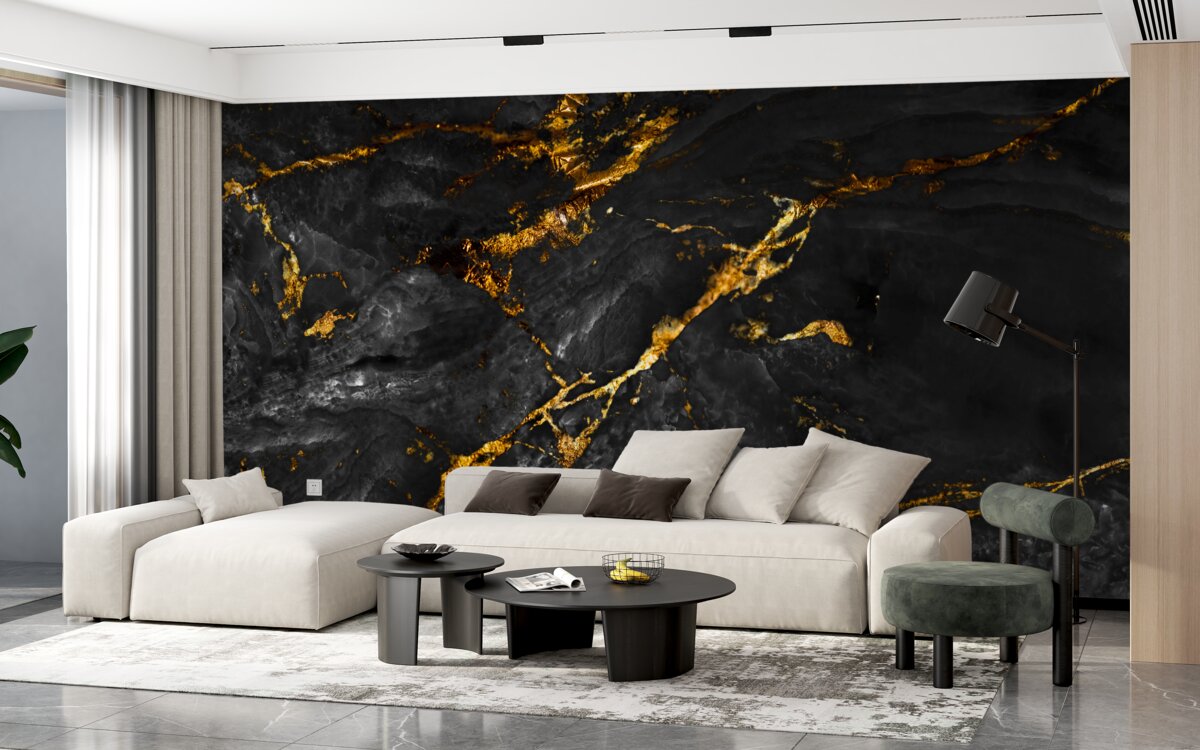 Fotobehang zwart marmer met goud dooraderd
