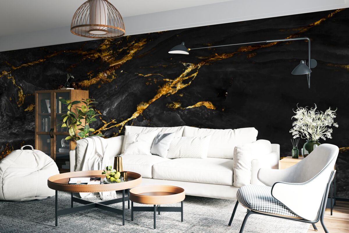 Fotobehang zwart marmer met goud dooraderd