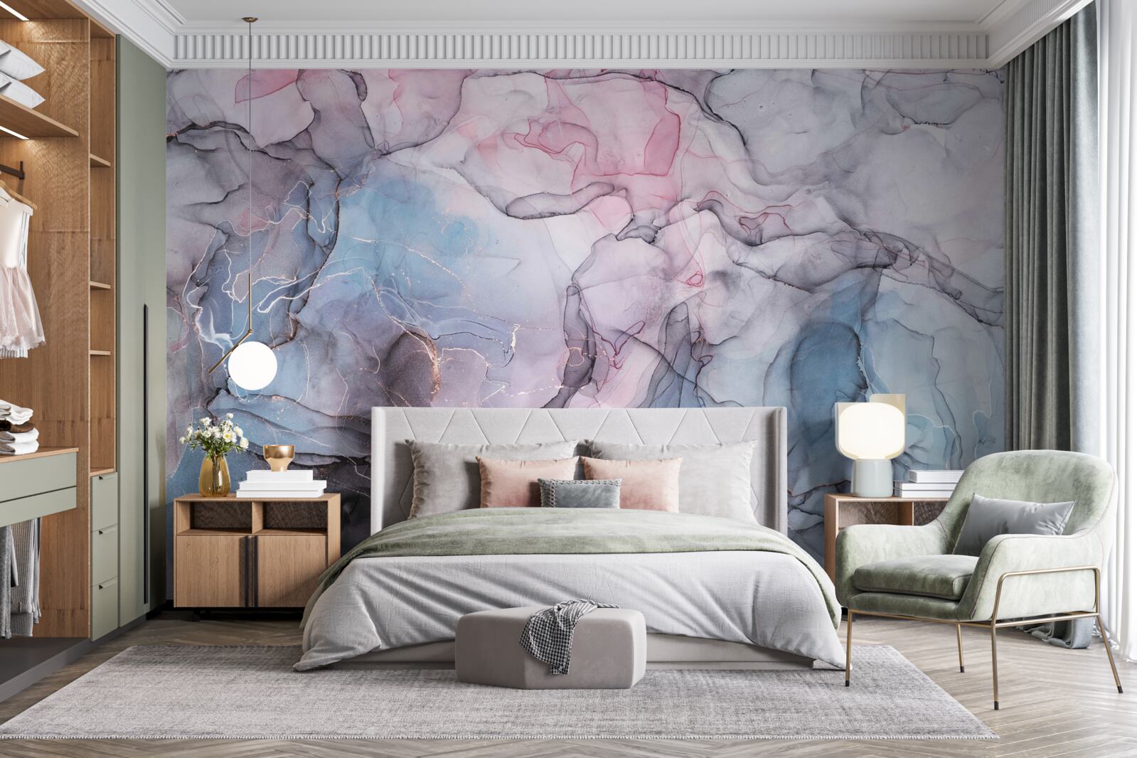 Fotobehang abstract marmer in roze en blauwe tinten