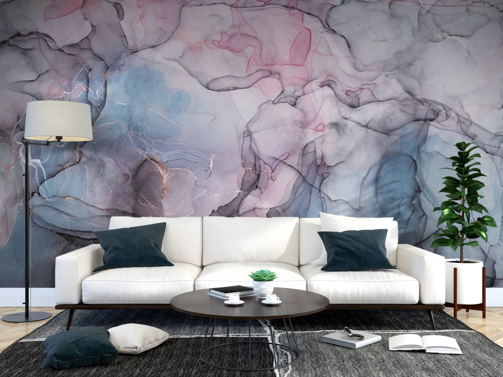 Fotobehang abstract marmer in roze en blauwe tinten