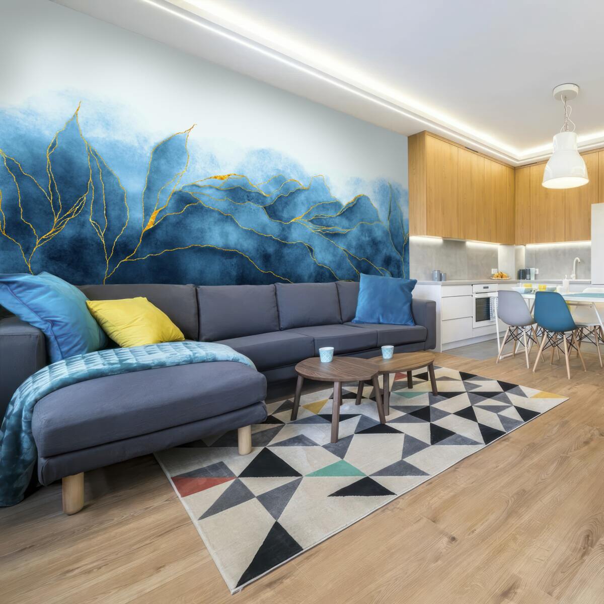 Fotobehang aquarelbladeren in blauwtinten