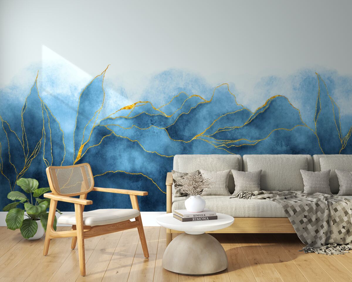 Fotobehang aquarelbladeren in blauwtinten