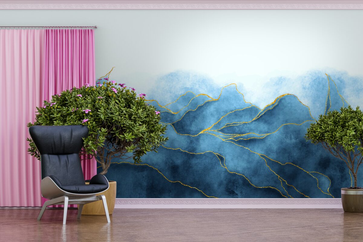 Fotobehang aquarelbladeren in blauwtinten