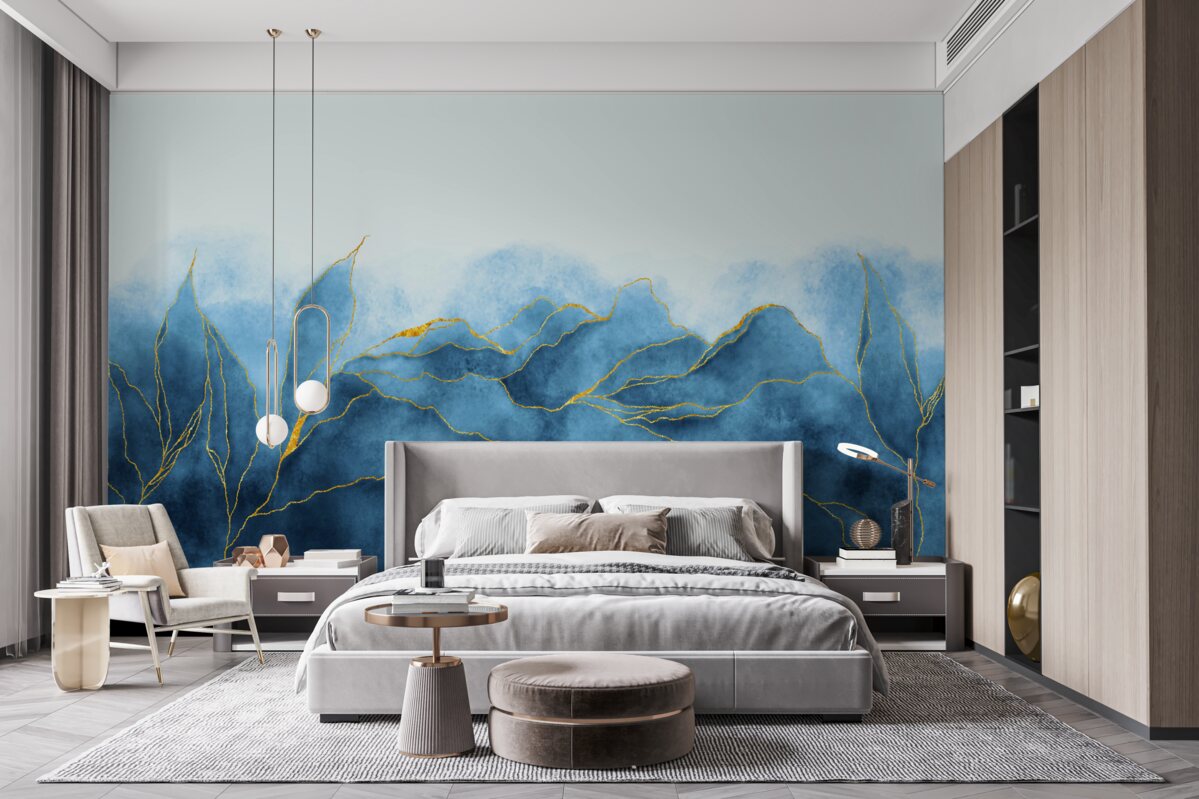 Fotobehang aquarelbladeren in blauwtinten