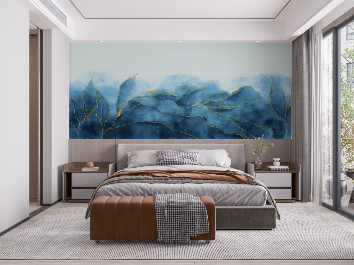 Fotobehang aquarelbladeren in blauwtinten