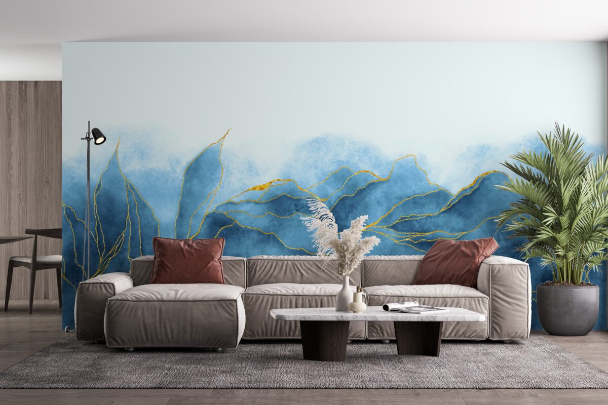 Fotobehang aquarelbladeren in blauwtinten