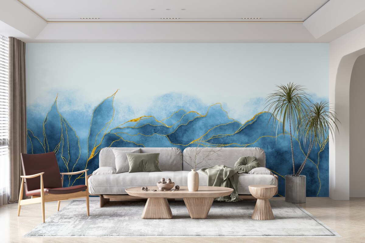 Fotobehang aquarelbladeren in blauwtinten