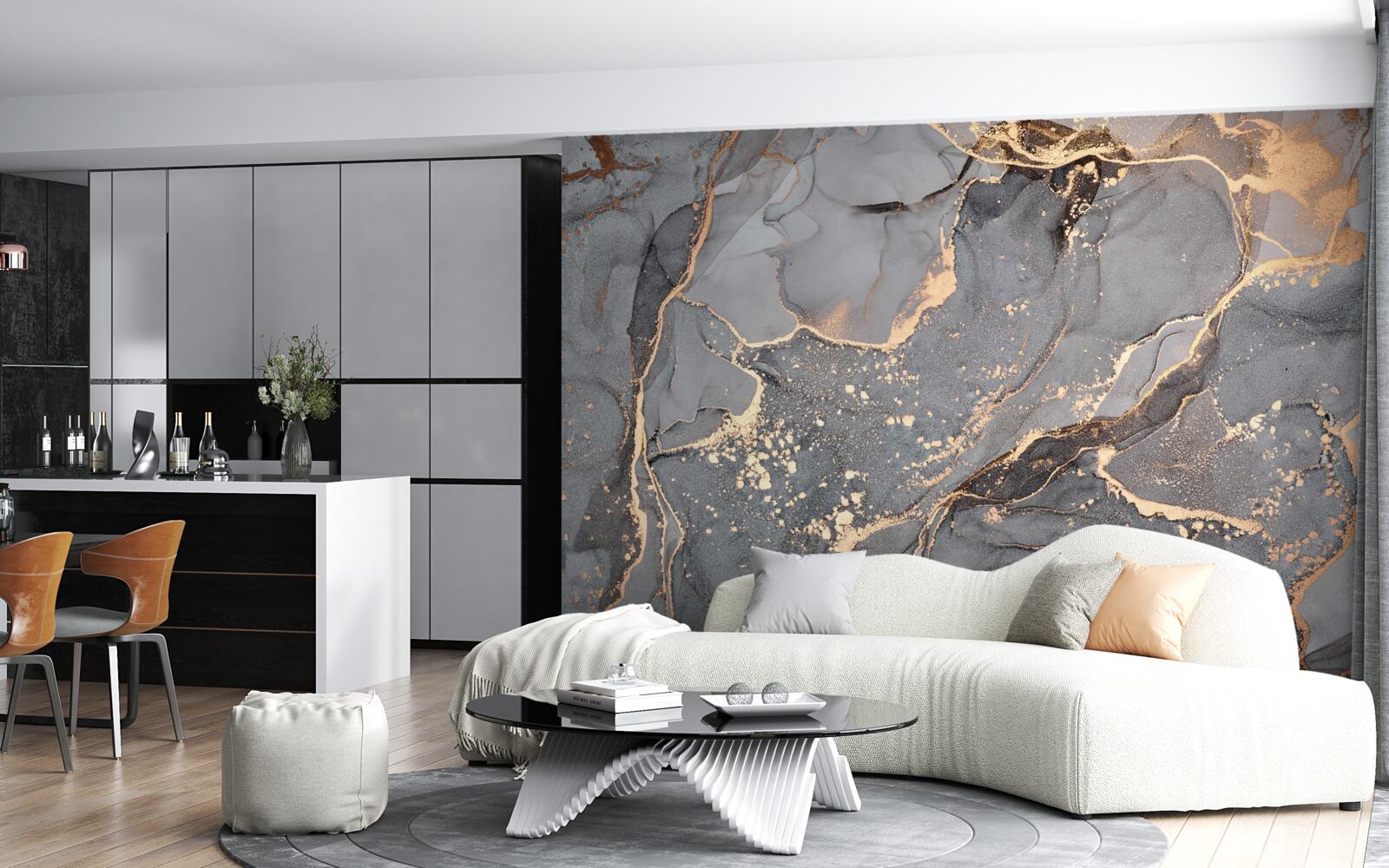 Fotobehang abstracte aquarelcreatie in grijstinten en goud