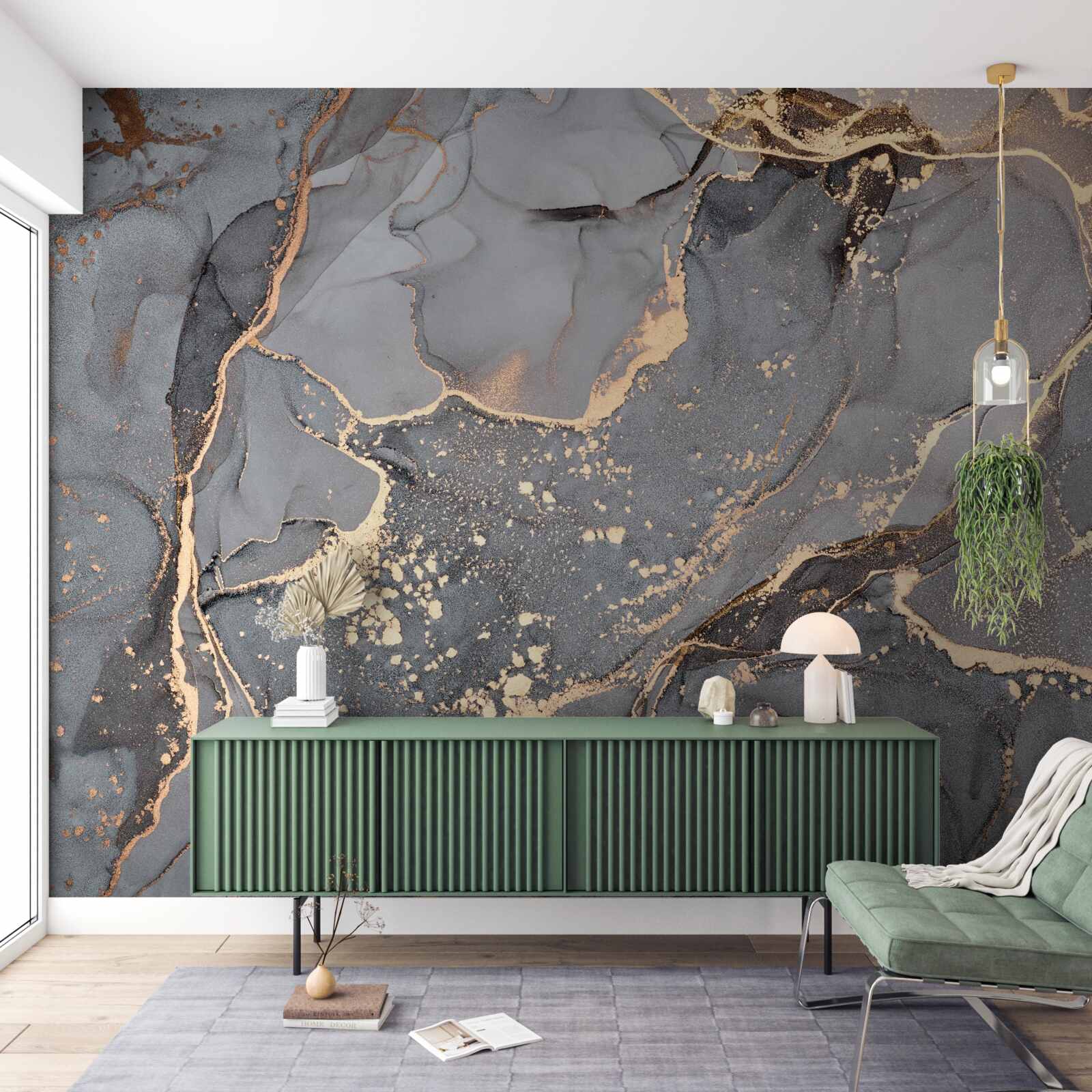 Fotobehang abstracte aquarelcreatie in grijstinten en goud