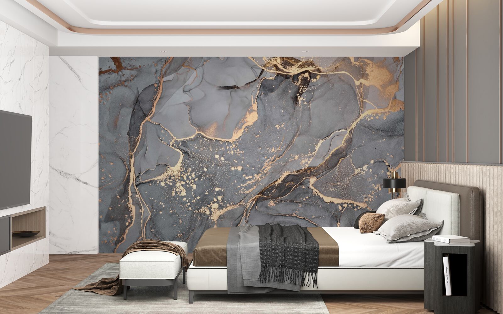 Fotobehang abstracte aquarelcreatie in grijstinten en goud