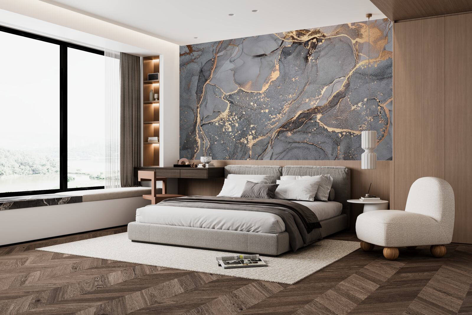 Fotobehang abstracte aquarelcreatie in grijstinten en goud