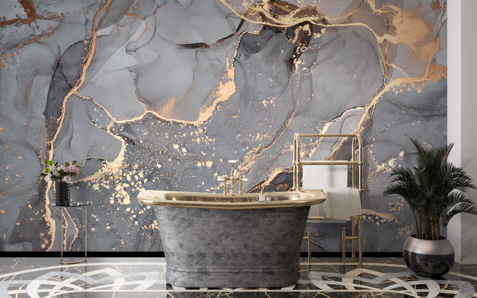 Fotobehang abstracte aquarelcreatie in grijstinten en goud