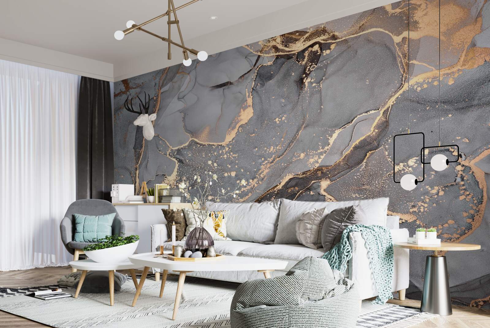 Fotobehang abstracte aquarelcreatie in grijstinten en goud