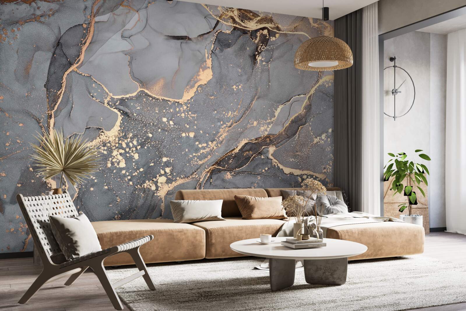 Fotobehang abstracte aquarelcreatie in grijstinten en goud