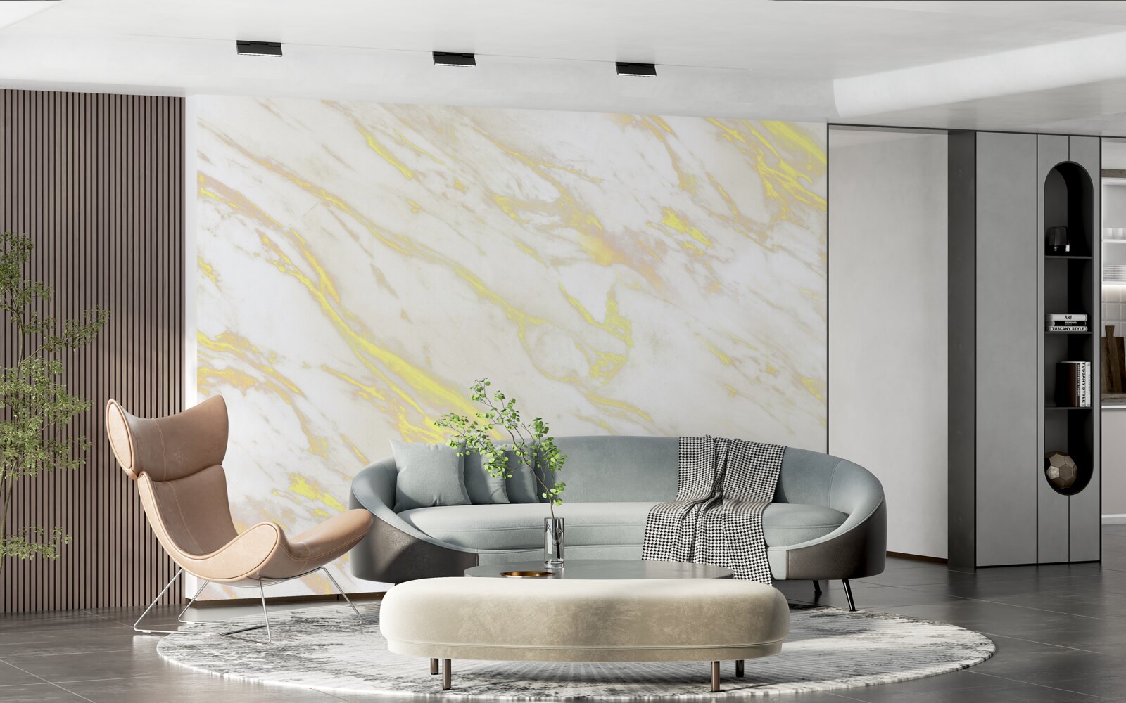 Fotobehang wit marmer met gouden schaduw