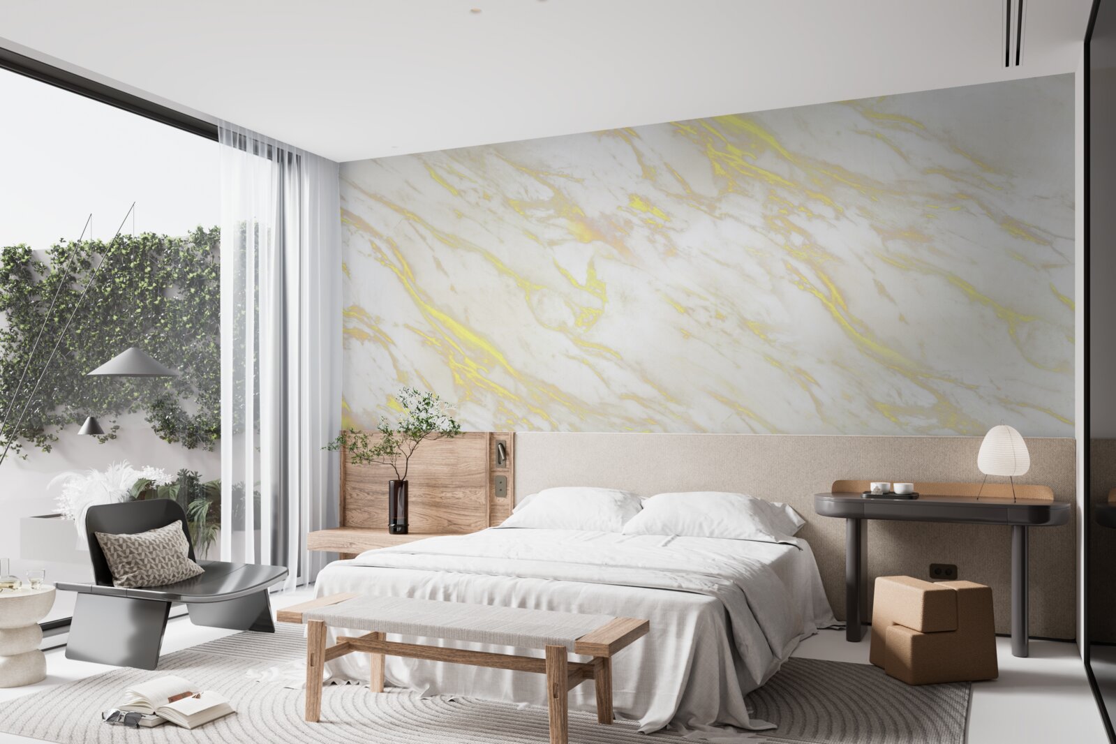 Fotobehang wit marmer met gouden schaduw