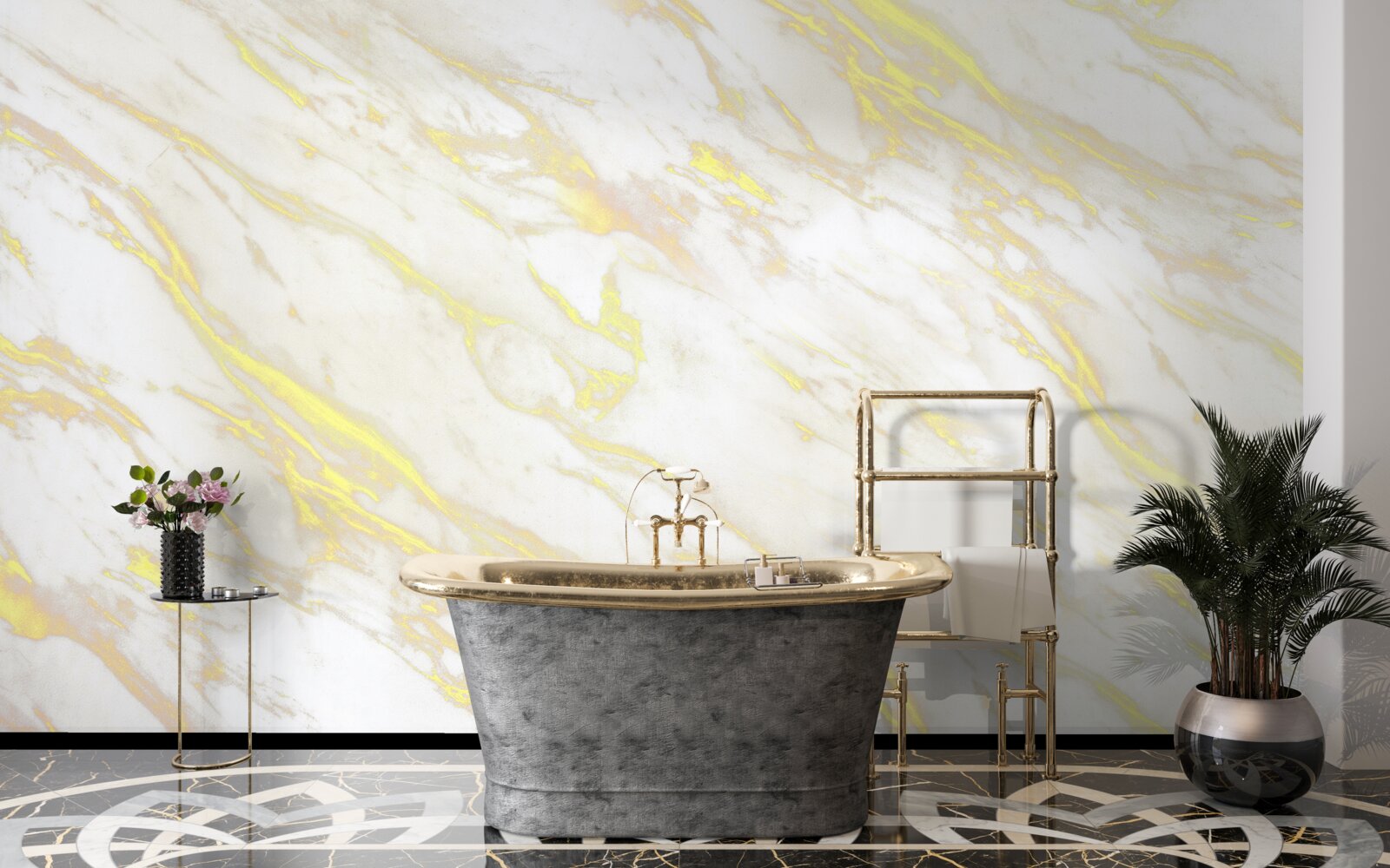 Fotobehang wit marmer met gouden schaduw