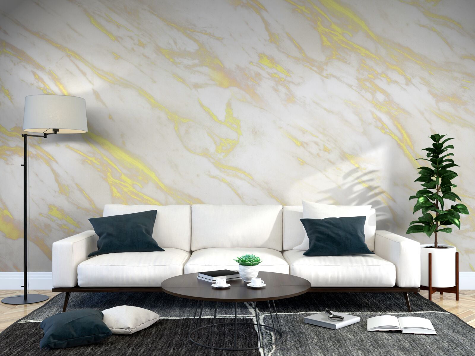 Fotobehang wit marmer met gouden schaduw