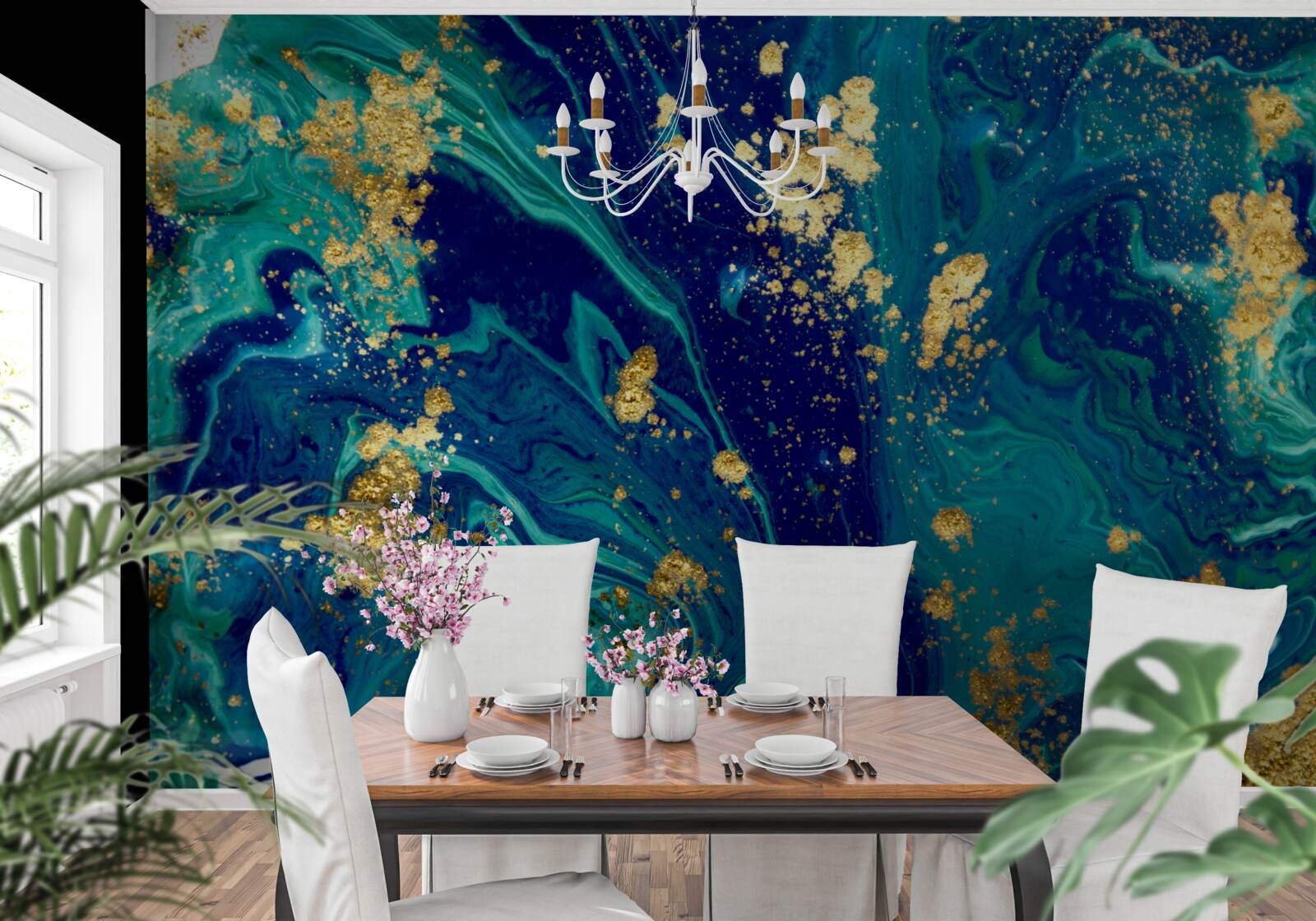 Fotobehang adembenemende achtergrond in donkerblauw en goudtinten