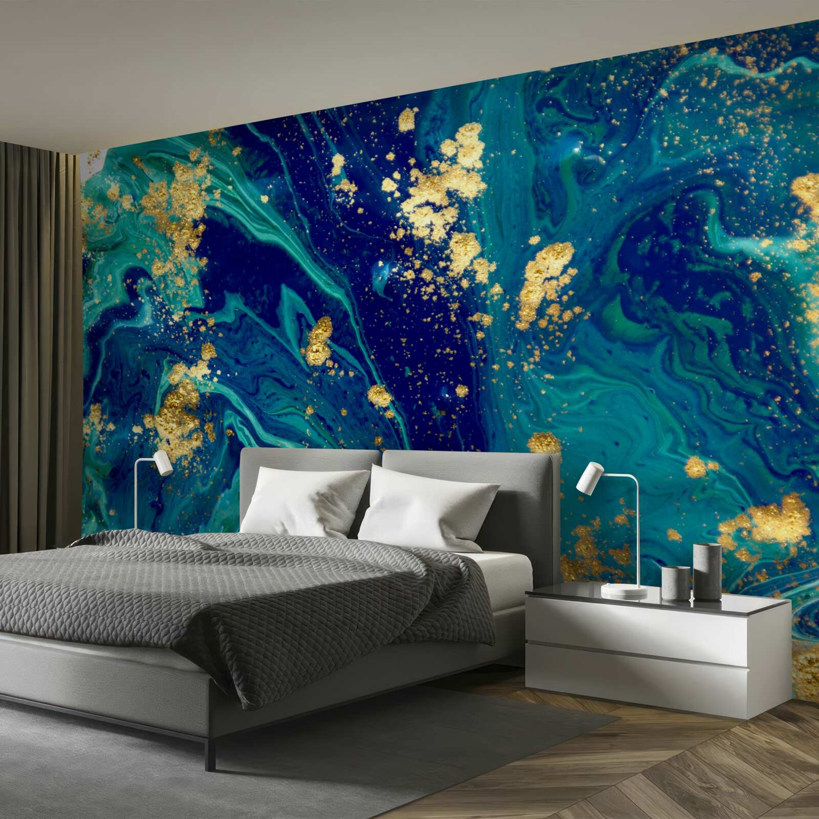 Fotobehang adembenemende achtergrond in donkerblauw en goudtinten