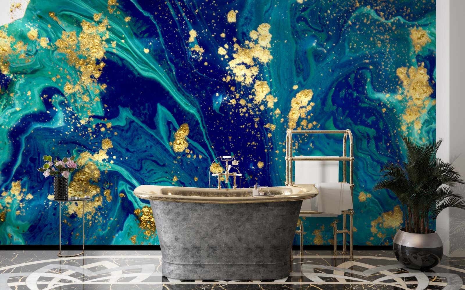 Fotobehang adembenemende achtergrond in donkerblauw en goudtinten