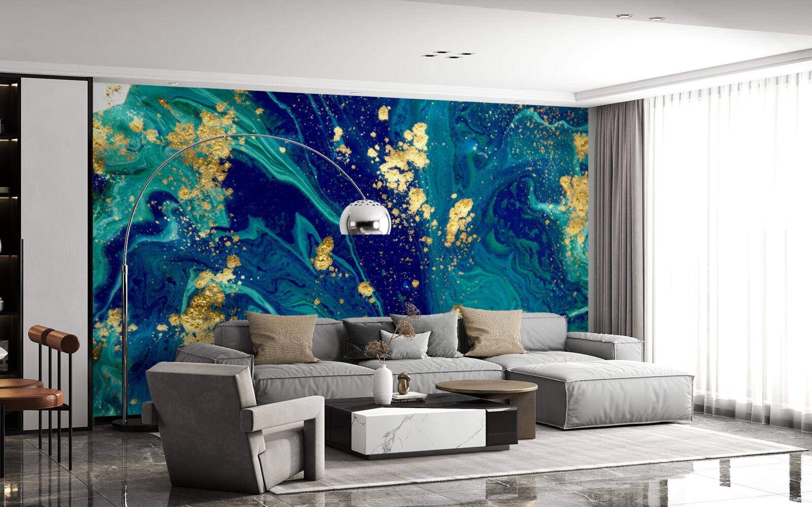 Fotobehang adembenemende achtergrond in donkerblauw en goudtinten