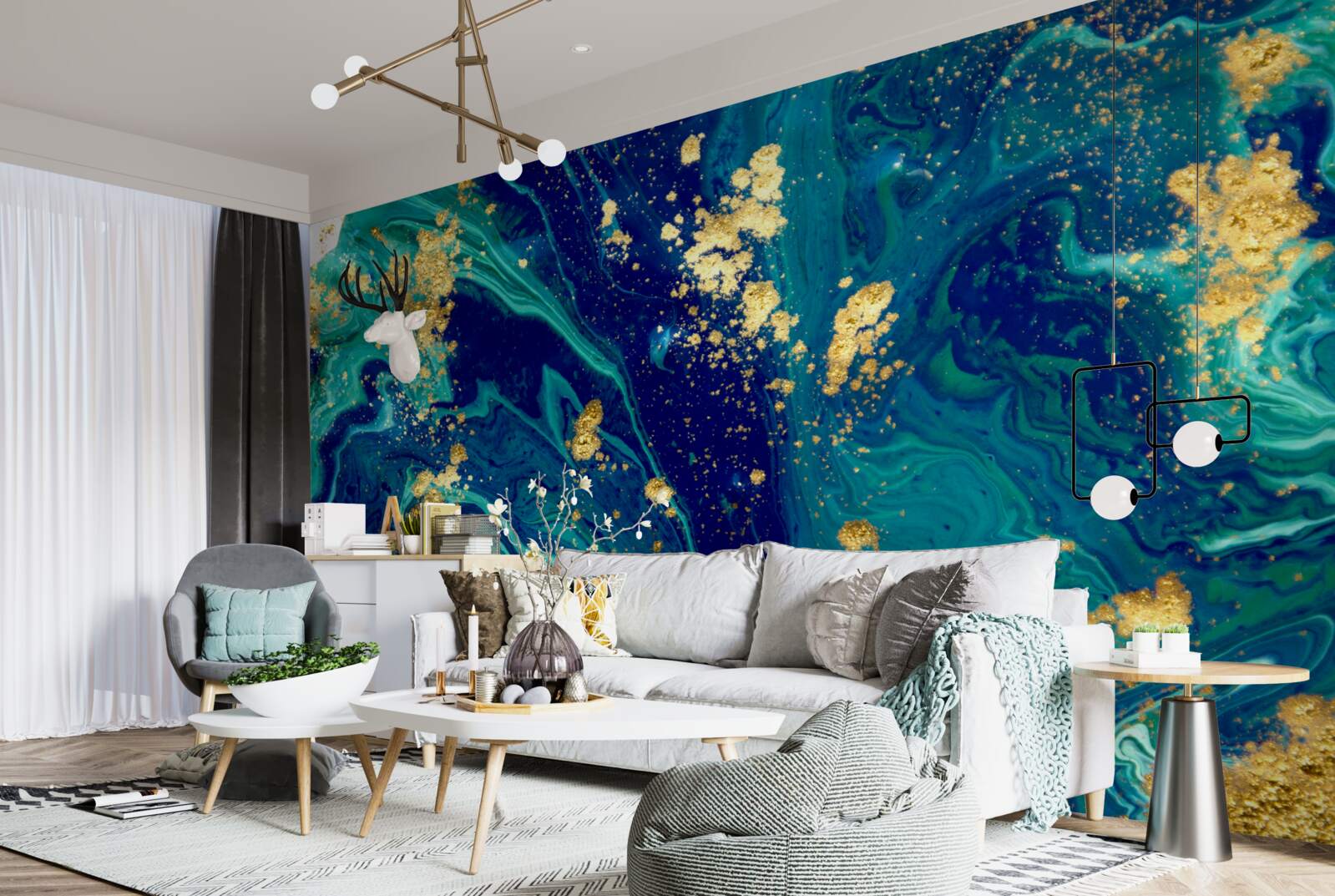 Fotobehang adembenemende achtergrond in donkerblauw en goudtinten