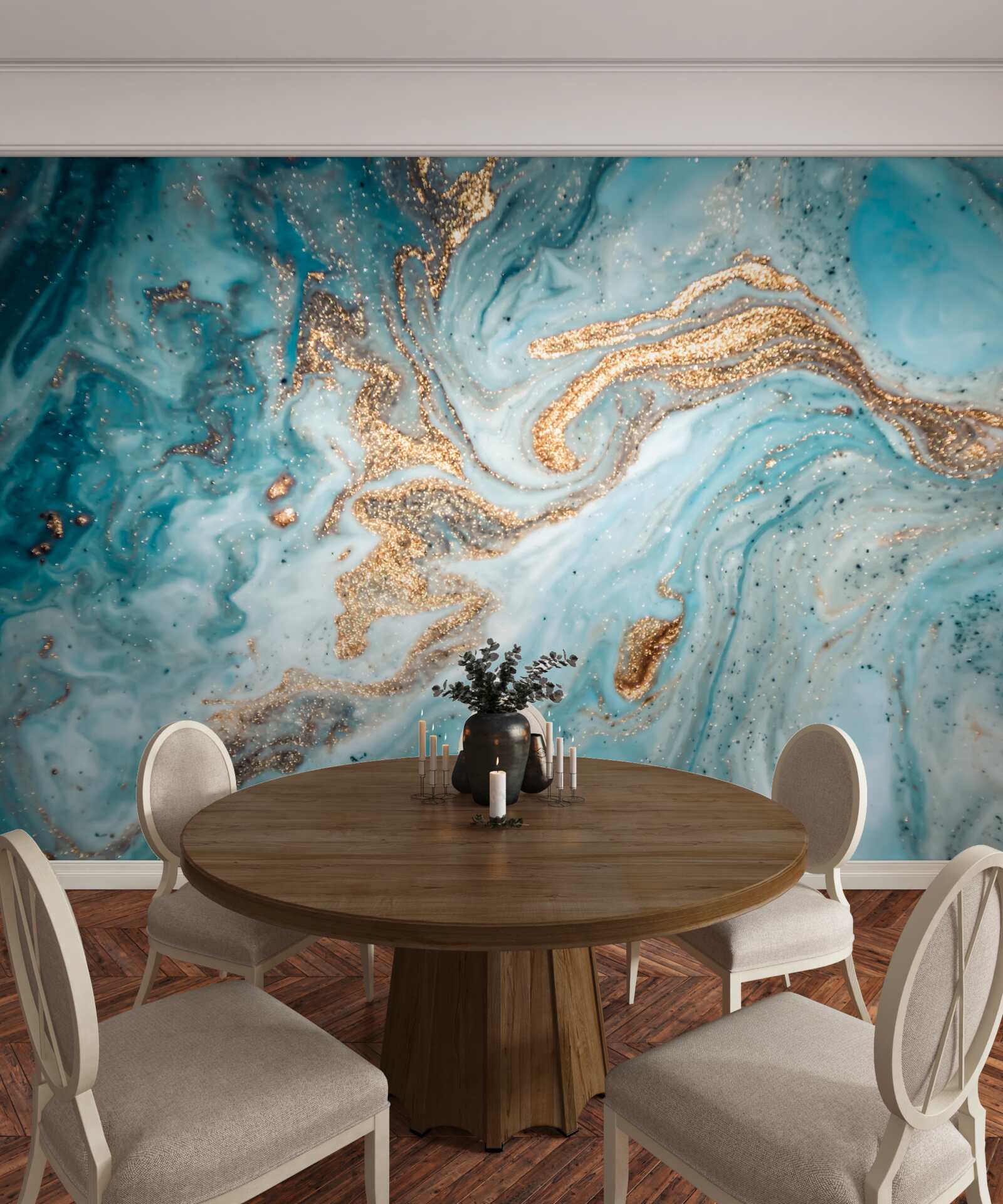 Fotobehang trillingen in blauw- en goudtinten