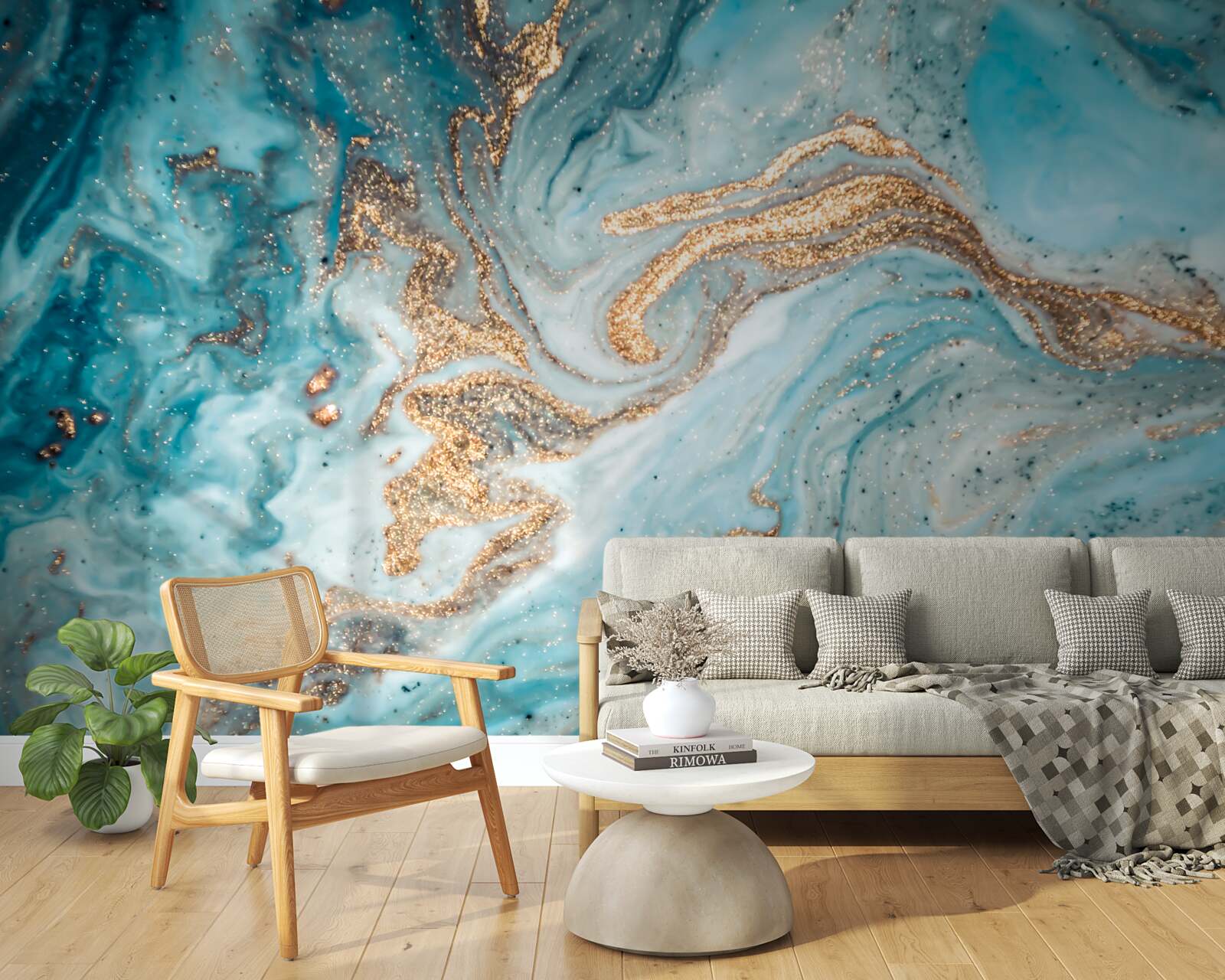 Fotobehang trillingen in blauw- en goudtinten