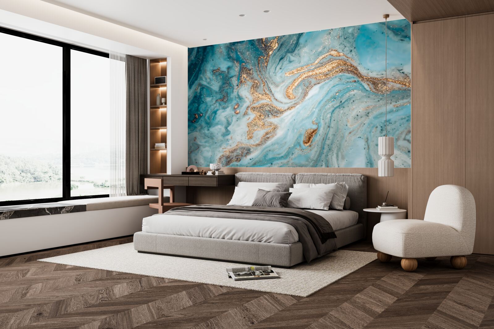 Fotobehang trillingen in blauw- en goudtinten