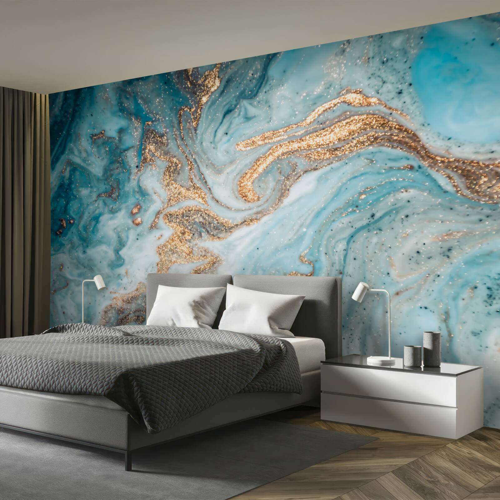 Fotobehang trillingen in blauw- en goudtinten