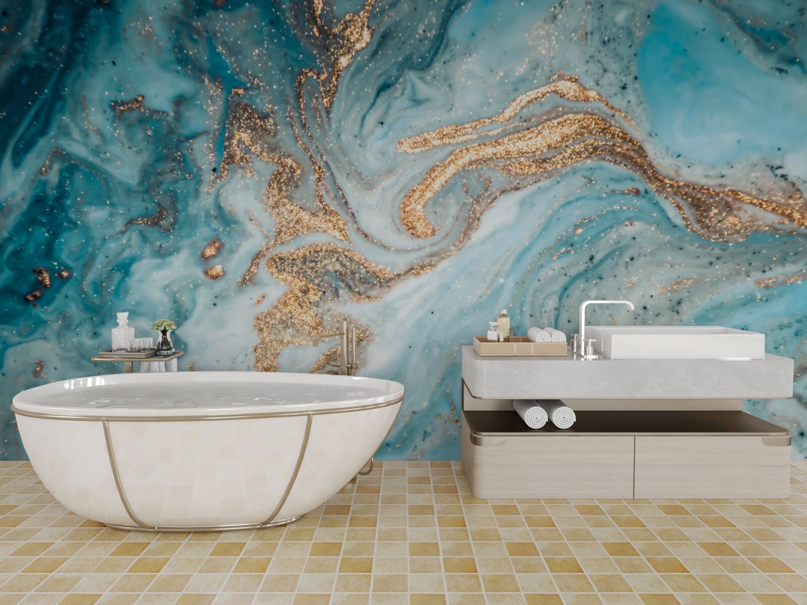 Fotobehang trillingen in blauw- en goudtinten