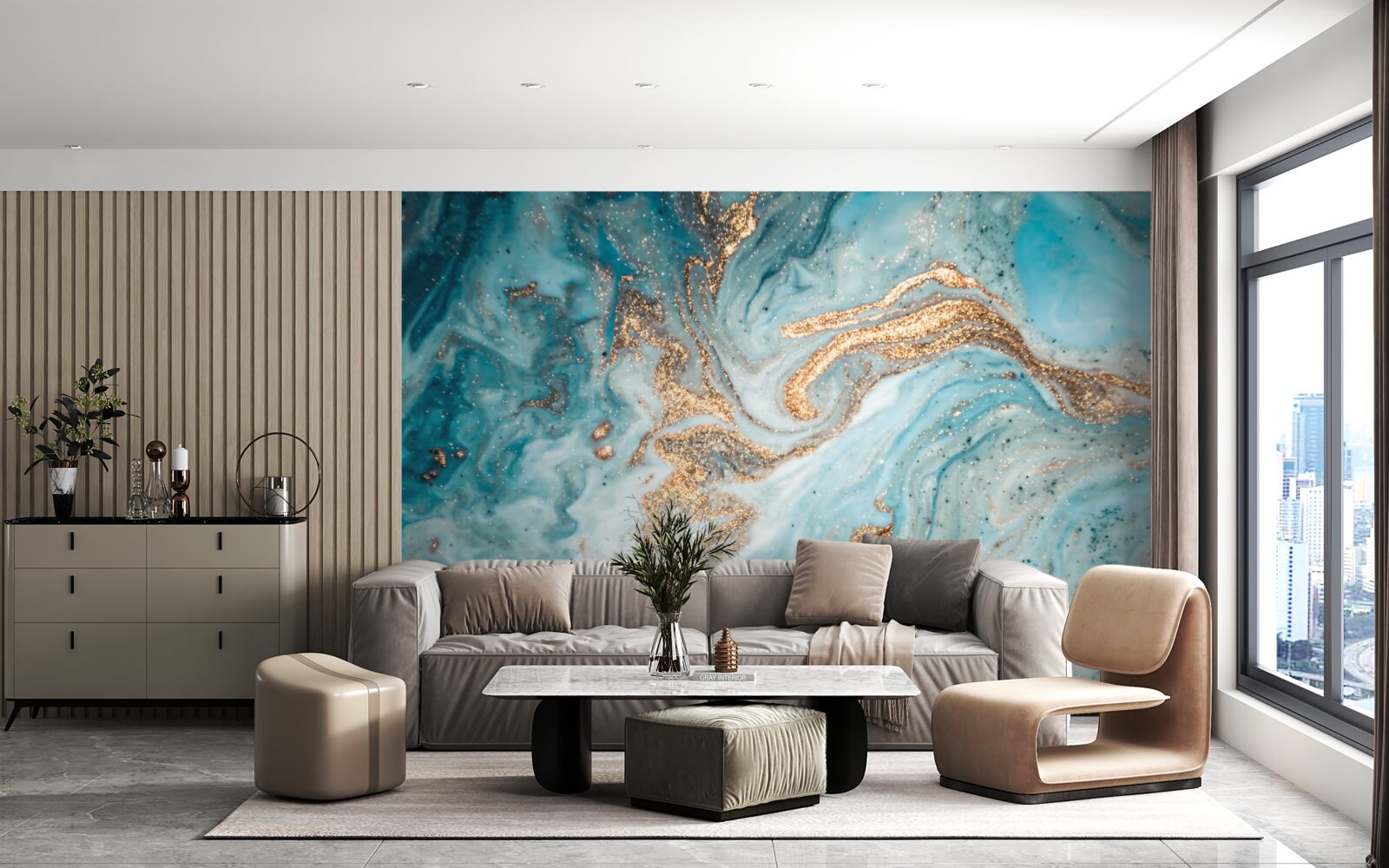 Fotobehang trillingen in blauw- en goudtinten