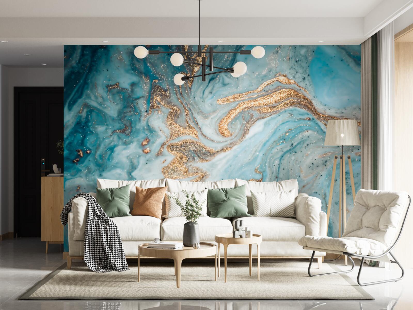 Fotobehang trillingen in blauw- en goudtinten