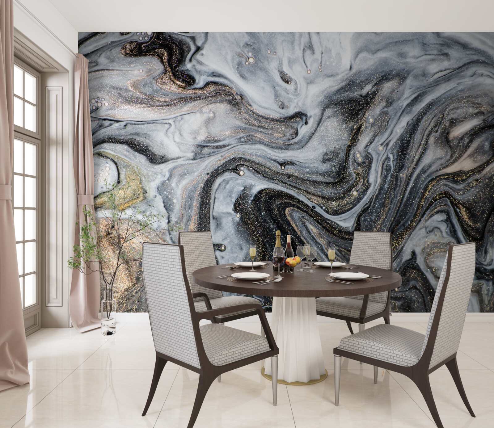 Fotobehang zwart marmer met goud dooraderd