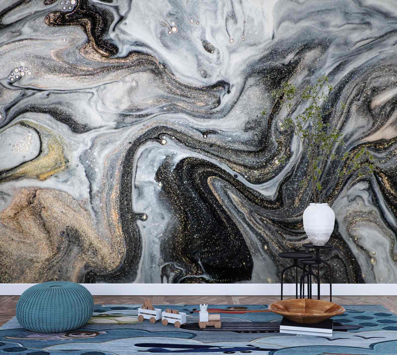 Fotobehang zwart marmer met goud dooraderd