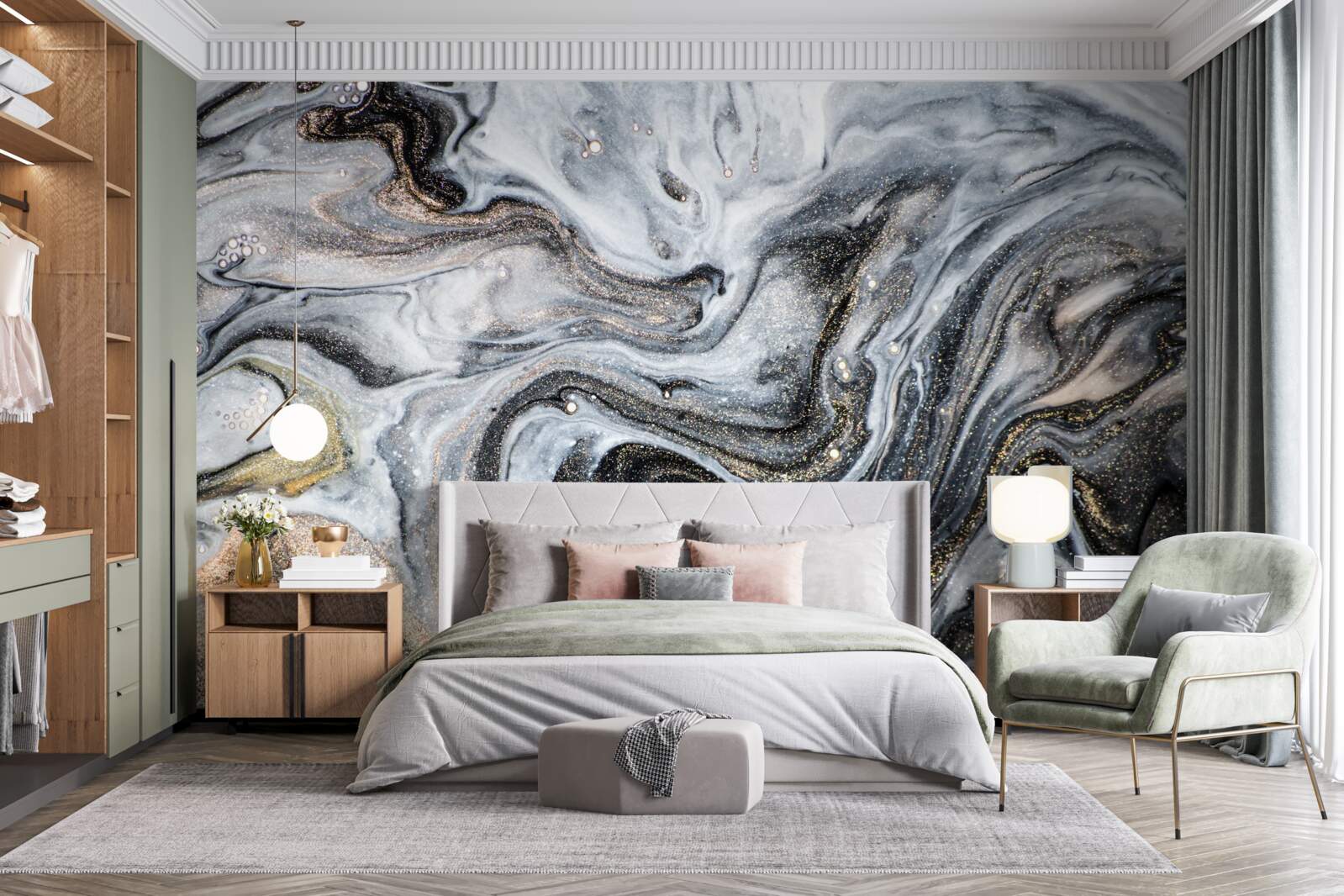 Fotobehang zwart marmer met goud dooraderd