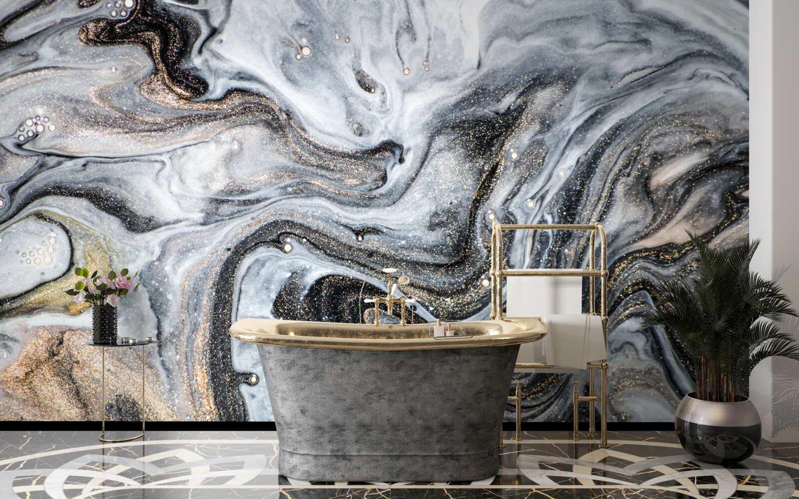 Fotobehang zwart marmer met goud dooraderd
