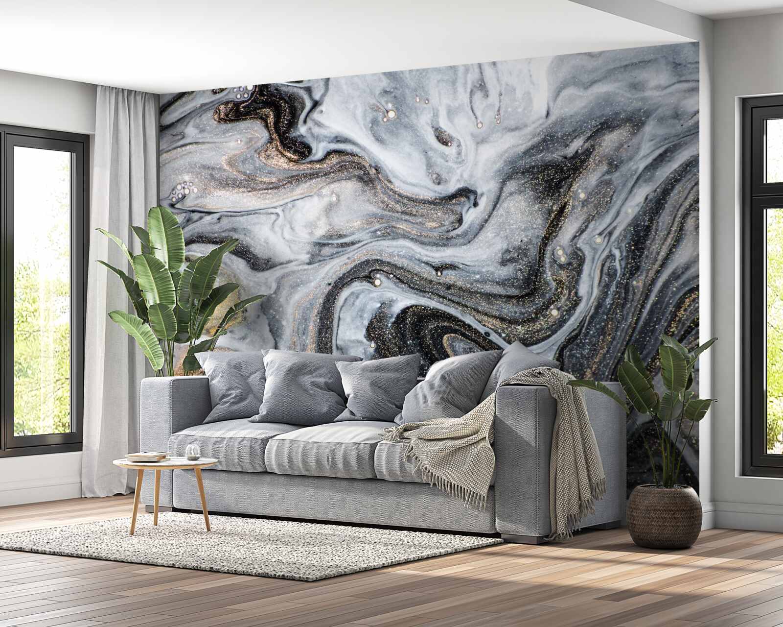 Fotobehang zwart marmer met goud dooraderd