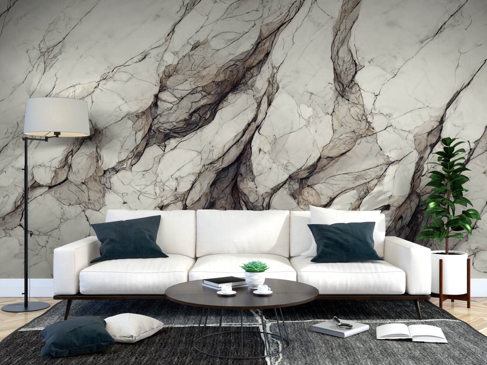 Fotobehang wit marmer met grijze verdelers