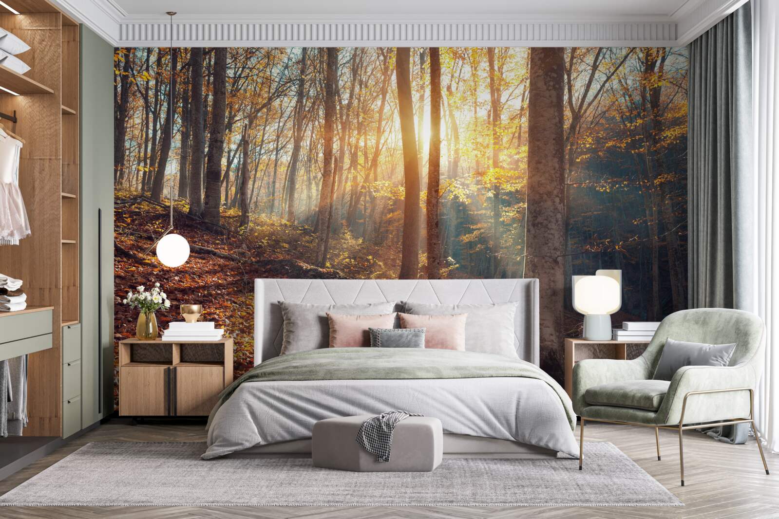 Fotobehang het in mist gehulde ochtendbos ervaart de warmte van de zon