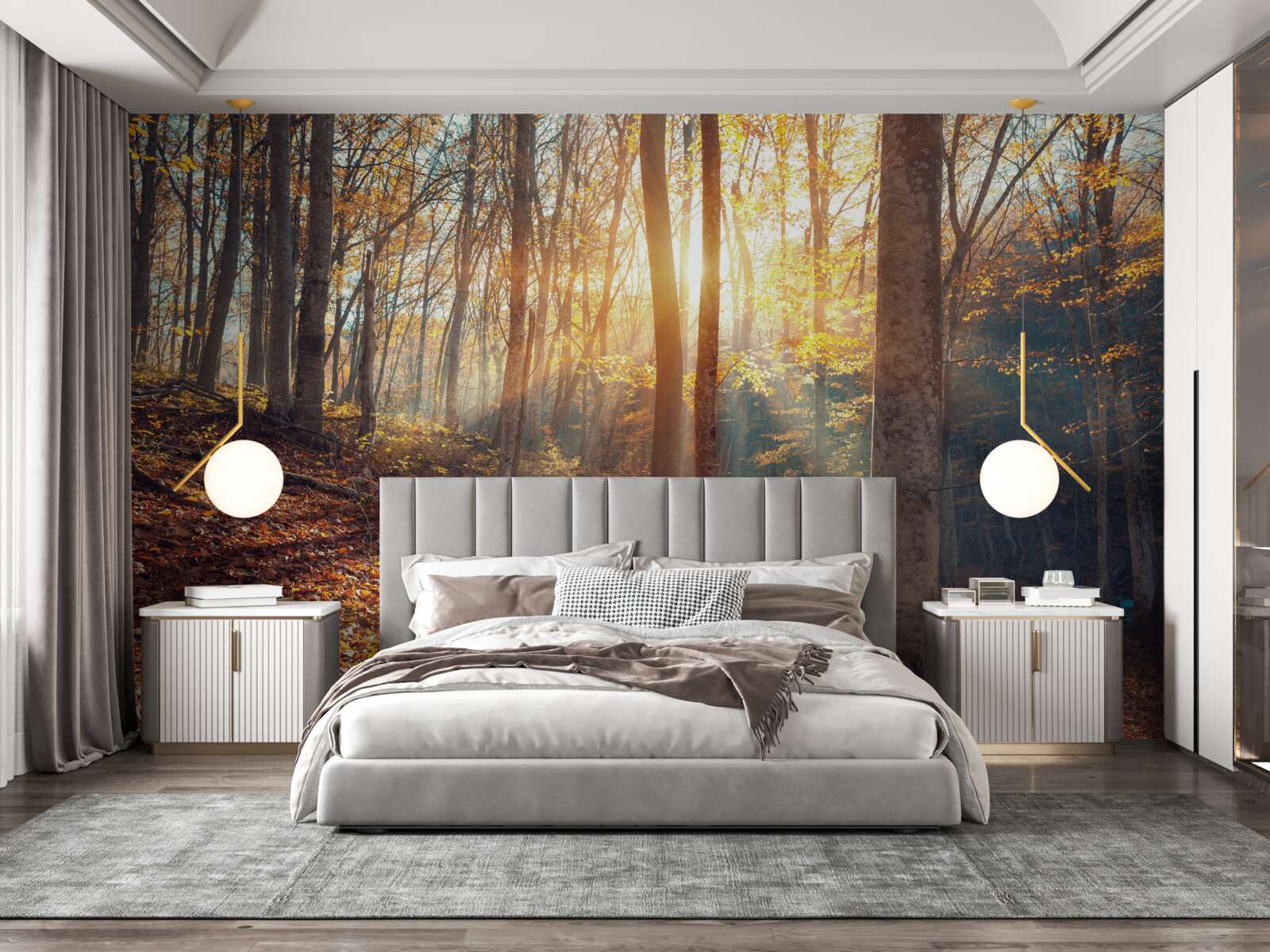 Fotobehang het in mist gehulde ochtendbos ervaart de warmte van de zon